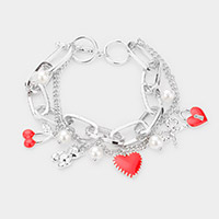 Pearl Cherry Bear Heart Bow Lock Charm Station Double Layered Toggle Bracelet