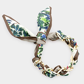Open Metal Oval Link Leaf Patterned Fabric Bracelet