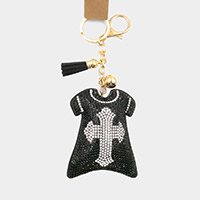 Bling Cross Accented T-Shirts Tassel Keychain