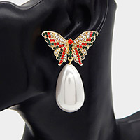Rhinestone Embellished Butterfly Pearl Drop Earrings
