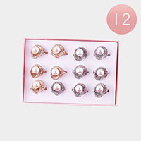 12PCS - Pearl Accented Rhinestone Embellished Flower Rings