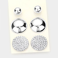 3Pairs - Metal Ball Rhinestone Embellished Round Stud Earrings