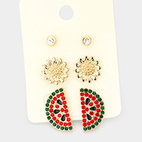 3Pairs - Metal Sunflower Rhinestone Embellished Watermelon Stud Earrings