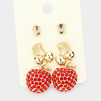 3Pairs - Rhinestone Embellished Cherry Apple Metal Pineapple Stud Earrings