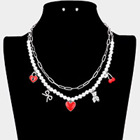Enamel Heart Lock Cherry Metal Bow Bear Pendant Double Layered Necklace