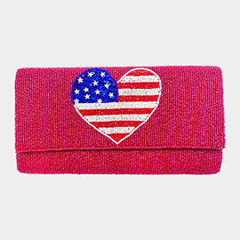 American USA Flag Heart Seed Beaded Clutch / Crossbody Bag