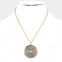 Turquoise Centered Irregular Metal Round Pendant Necklace