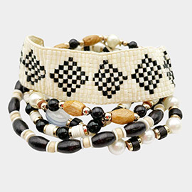 5PCS - Boho Patterned Beaded Wood Pearl Bracelets