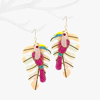 Glittered Resin Toucan Tropical Leaf Layered Dangle Earrings