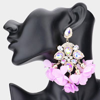 Teardrop Stone Accented Fabric Flower Dangle Chandelier Evening Earrings