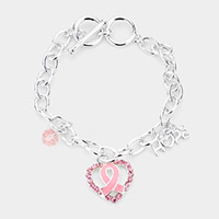 Enamel Pink Ribbon Centered Stone Embellished Open Heart Charm Toggle Bracelet