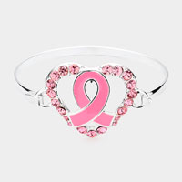 Enamel Pink Ribbon Centered Stone Embellished Open Heart Hook Bracelet