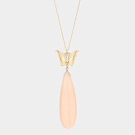 Butterfly Natural Stone Teardrop Link Pendant Long Necklace
