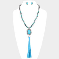 Turquoise Accented Antique Metal Suede Tassel Link Long Necklace