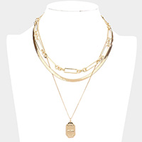 STAY IN THE MAGIC Brass Metal Octagon Pendant Triple Layered Necklace