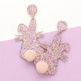 Glittered Resin Easter Bunny Pom Pom Tail Dangle Earrings