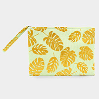 Metallic Tropical Leaf Patterned Pouch Clutch Bag