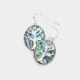 Metal Tree of Life Accented Abalone Oval Dangle Earrings