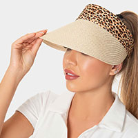 Leopard Pattern Accented Straw Visor Hat