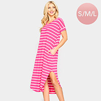 Striped Curved Hem Midi Pockets Dress