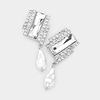 Rectangle Stone Accented Teardrop Freshwater Pearl Link Dangle Evening Earrings