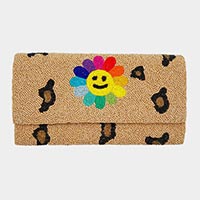 Smile Flower Accented Leopard Patterned Seed Beaded Clutch / Crossbody Bag