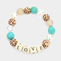 LOVE Message Accented Pearl Leopard Patterned Beaded Stretch Bracelet