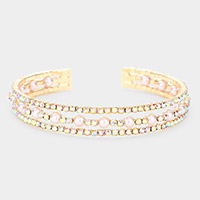 Pearl Accented Split Rhinestone Cuff Evening Bracelet
