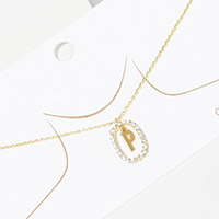 -P- Gold Dipped Metal Monogram Rhinestone Oval Link Pendant Necklace