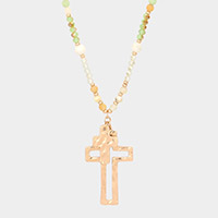 Semi Precious Stone Faceted Beads Cross Open Metal Pendant Long Necklace