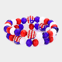 2PCS - American USA Flag Shamballa Ball Stretch Bracelets