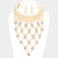 Flower Stone Embellished Pearl Statement Necklace