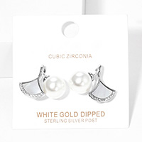 White Gold Dipped Pearl Ginkgo Stud Earrings