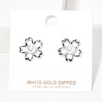 White Gold Dipped Flower Pearl Stud Earrings