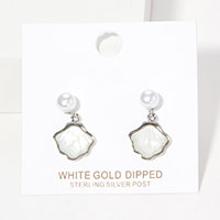 White Gold Dipped Sterling Silver Post Pearl Shell Dangle Earrings