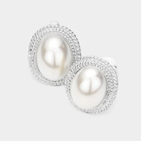 Oval Pearl Accented Clip On Earrings