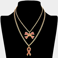 Rhinestone Pave Pink Ribbon Double Layered Necklace