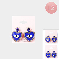 12Pairs - Evil Eye Centered Heart Dangle Earrings
