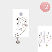 12 SET OF 6 - Flower Pearl Stud Huggies Ear Cuff Earrings