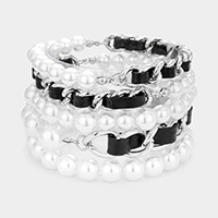 5PCS - Faux Leather Braided Pearl Beaded Multi Layered Bracelets