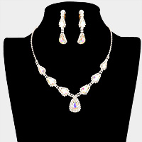 Teardrop Stone Accented Rhinestone Pave Necklace Clip on Earring Set