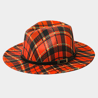 Belt Band Accented Plaid Check Patterned Fedora Hat