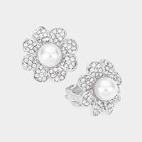 Pearl Centered Rhinestone Embellished Flower Clip on Earrings