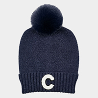 -C- Monogram Faux Fur Pom Pom Knit Beanie Hat