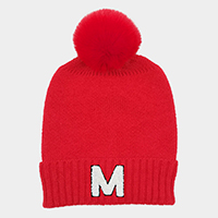 -M- Monogram Faux Fur Pom Pom Knit Beanie Hat