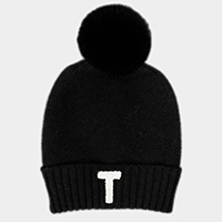-T- Monogram Faux Fur Pom Pom Knit Beanie Hat