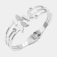 Triple Butterfly CZ Embellished Stainless Steel Hinged Evening Bracelet