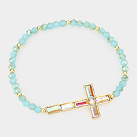 Cross Accented Faceted Beaded Stretch Bracelet