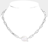 Pearl Accented Open Metal Link Necklace