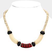 Check Pattered Resin Accented Wood Beaded Necklace